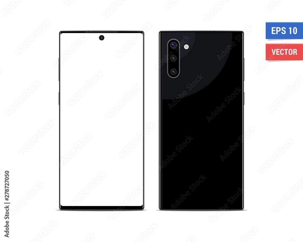 Realistic vector flat mock-up Samsung Galaxy Note10 with blank screen isolated on white background. Scale image any resolution Realistic vector flat mock-up Samsung Galaxy Note10 with blank screen isolated on white background. Scale image any resolution