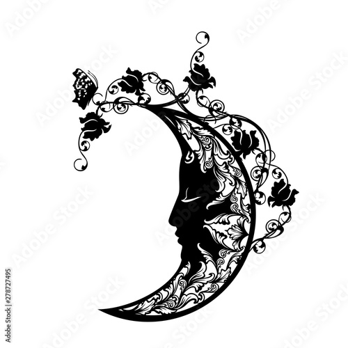 sleeping crescent moon among rose flowers and butterfly - sweet dreams concept black and white vector design