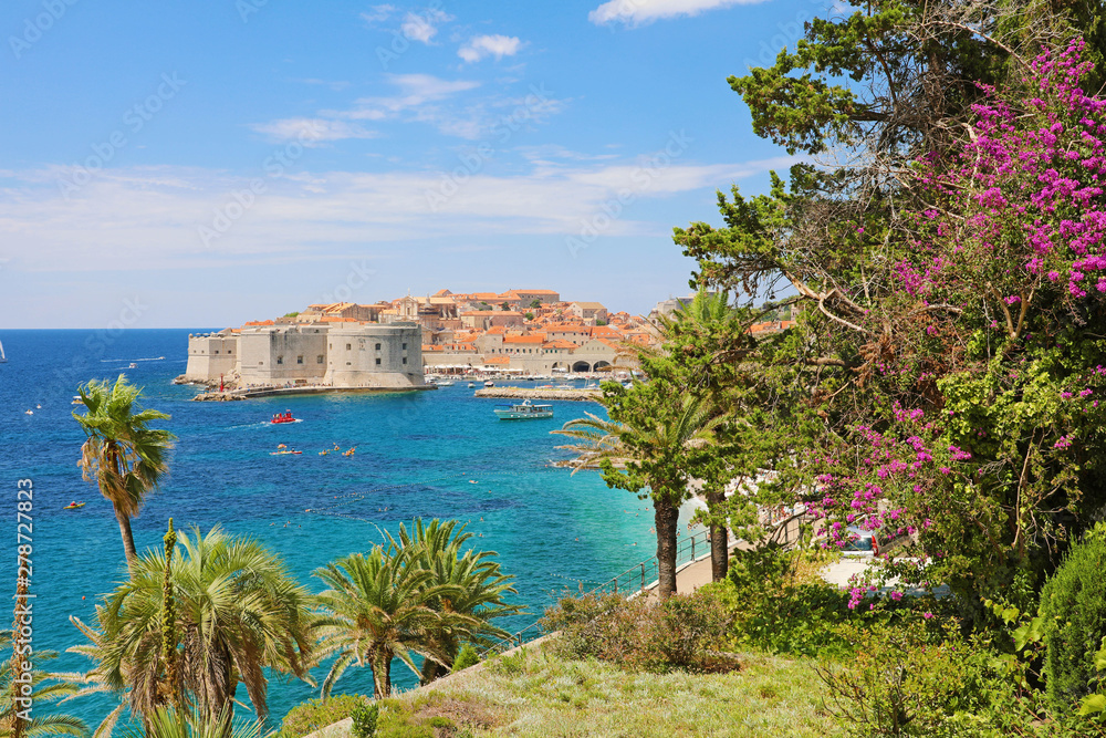 Panoramic view from flower garden terrace on Dubrovnik old town bay, Croatia