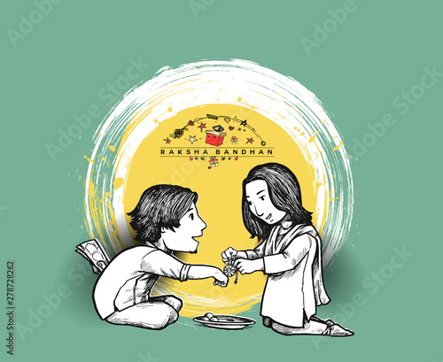 Happy Raksha Bandhan celebration Poster. Beautiful frame with illustration of cute little sister and brother. Hand Draw Sketch Design Illustration.