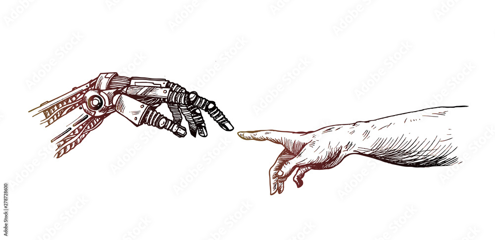 Hands of Robot and Human hands touching with fingers, Virtual Reality or Artificial Intelligence Technology Concept - Hand Draw Sketch Design illustration.