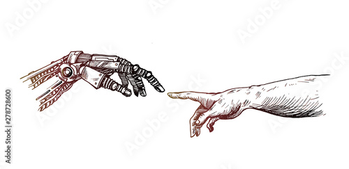 Hands of Robot and Human hands touching with fingers, Virtual Reality or Artificial Intelligence Technology Concept - Hand Draw Sketch Design illustration.