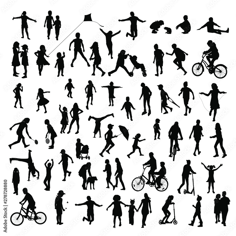 Silhouettes of children in different poses, big set, vector. Children play, run,jump, ride a bike, walk. Different activity of children.