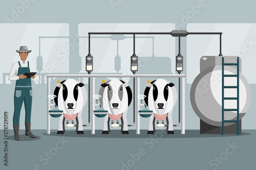 Modern black african american farmer with tablet on a dairy farm. Smart farming. Vector illustration EPS 10	
