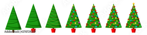 Set christmas tree various decoration stages: undecorated, decorated with garland, decoration balls, bows, stars, star on top of spruce icon.