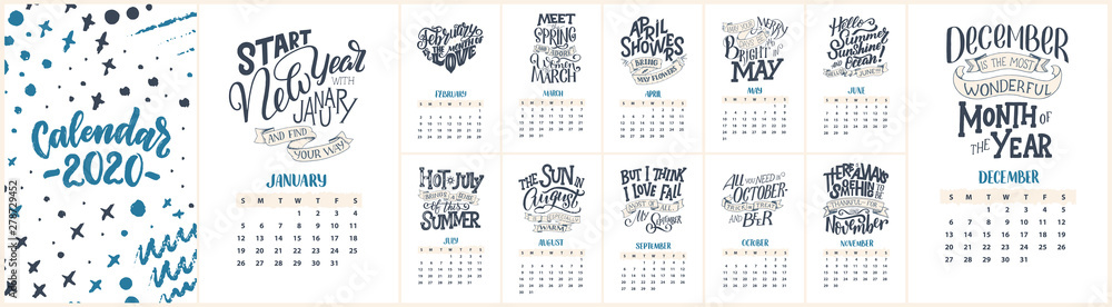 Modern typography lettering compositions. 2020 calendar with funny motivation quotes. Hand drawn illustrations. Trendy slogan, vector graphic - obrazy, fototapety, plakaty 