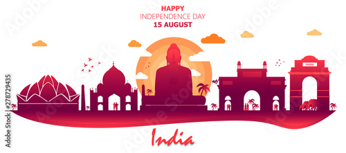 Happy Independence Day of India for 15th August. Famous monument of India in Indian background. Vector illustration EPS10