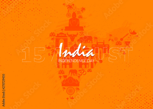 Happy Independence Day of India for 15th August. Famous monument of India in Indian background. Vector illustration EPS10