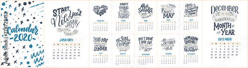Modern typography lettering compositions. 2020 calendar with funny motivation quotes. Hand drawn illustrations. Trendy slogan, vector graphic