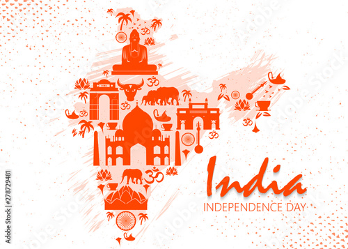 Happy Independence Day of India for 15th August. Famous monument of India in Indian background. Vector illustration EPS10