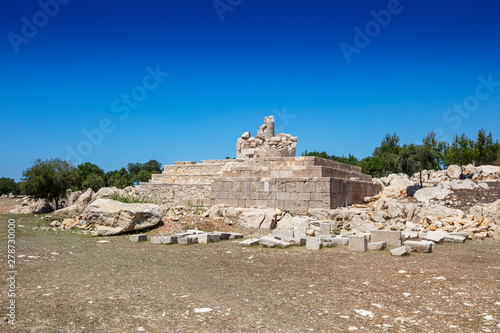 Patara (Pttra). Ruins of the ancient Lycian city Patara. Amphi-theatre and the assembly hall of Lycia public. Patara was at the Lycia (Lycian) League's capital. Aerial view shooting. Antalya, TURKEY photo