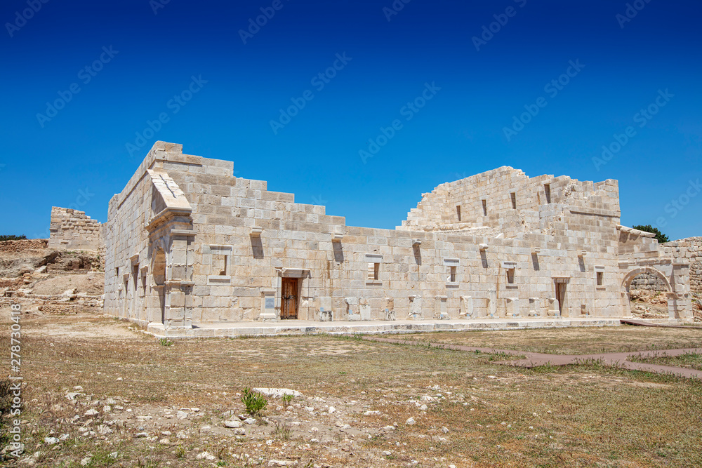 Fototapeta premium Patara (Pttra). Ruins of the ancient Lycian city Patara. Amphi-theatre and the assembly hall of Lycia public. Patara was at the Lycia (Lycian) League's capital. Aerial view shooting. Antalya, TURKEY