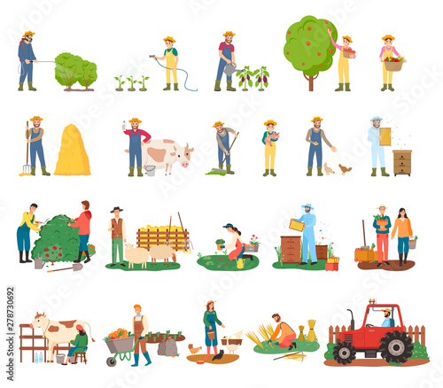 Man spraying bushes vector, woman gathering fruits from tree, harvesting and beekeeping, sheep and cow, harvest on plantation and tractor machinery. Farmers on farm