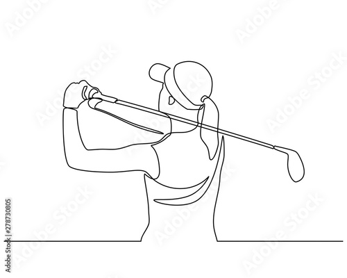 Continuous line drawing of the Golfer hit the ball in full swing to compete. Healthy Sport. Sporty woman golfer player doing golf. Healthy Lifestyle Concept isolated on white background.
