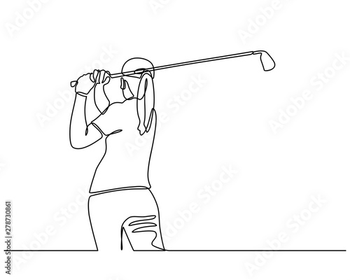 Continuous line drawing of the Golfer hit the ball in full swing to compete. Healthy Sport. Sporty woman golfer player doing golf. Healthy Lifestyle Concept isolated on white background.