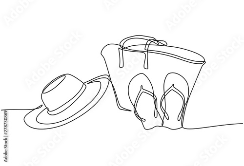 Continuous line drawing of summer concept of sandy beach, straw hat, starfish, bag, sunglasses and flip flops on a tropical beach. Vector illustration isolated on white background