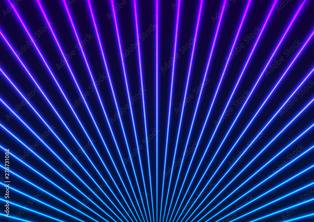 Obraz premium Bright blue and violet neon laser rays tech futuristic design. Hi-tech lines retro abstract background. Vector illustration