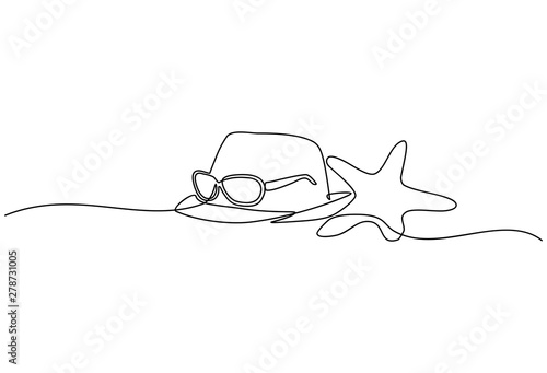 Continuous line drawing of summer concept of sandy beach, straw hat, starfish, bag, sunglasses and flip flops on a tropical beach. Vector illustration isolated on white background