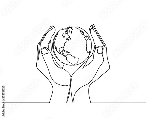 Continuous line drawing of hands holding Earth globe. Vector illustration isolated on white background