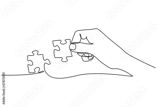 Continuous line drawing of hands solving Two Puzzle Pieces isolated on white background.