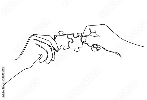 Continuous line drawing of hands Combining Two Puzzle Pieces isolated on white background.
