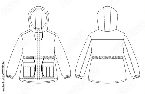 Technical drawing of woman's fashion, women's winter park. Front and back views