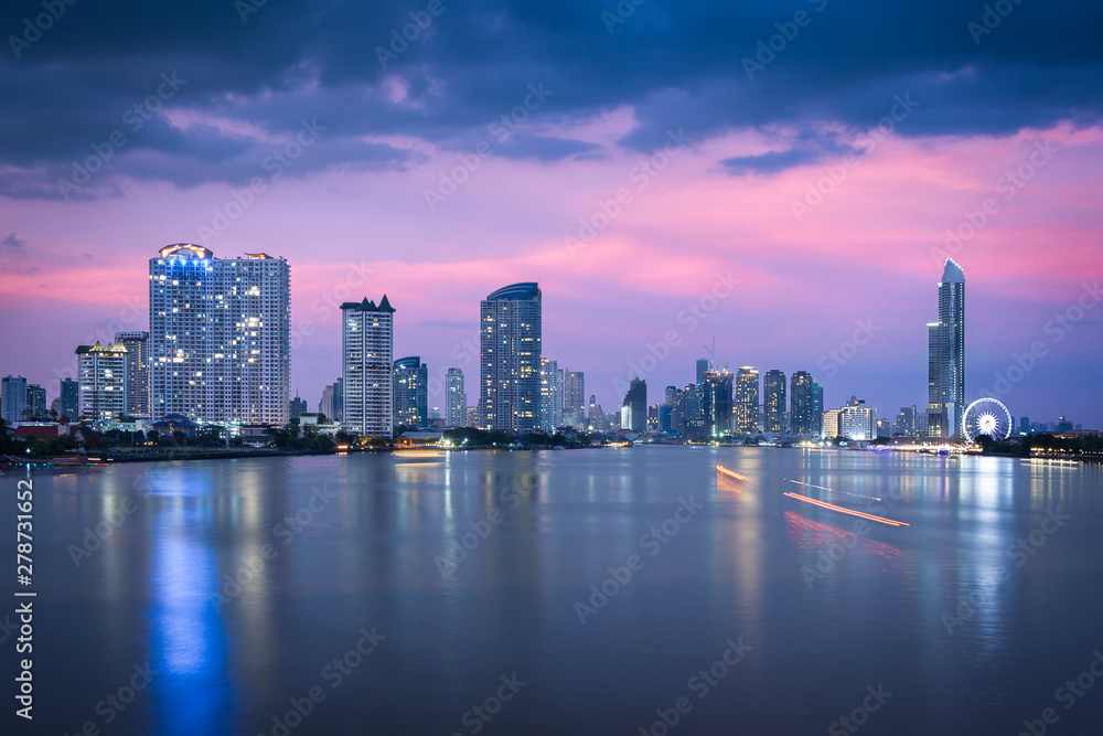 Twilight Sunset Through Town and Chao Phraya River. Twilight Sunset Through Town and Chao Phraya River.