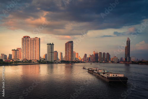 Twilight Sunset Through Town and Chao Phraya River.