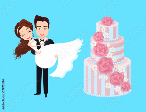 Groom holding bride, smiling couple, portrait view of happy people, wedding festive. Big holiday cake decorated by flowers, pink dessert, newlywed vector