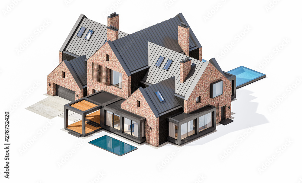 3d rendering of modern cozy clinker house on the ponds with garage and pool for sale or rent. Isolated on white 3d rendering of modern cozy clinker house on the ponds with garage and pool for sale or rent. Isolated on white