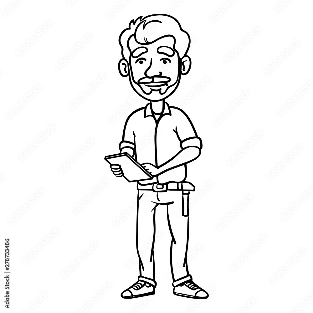 Vector drawing of a craftsman with beard and hammer on belt. Outline, Comic, Cartoon, Doodle, Sketch. Vector drawing of a craftsman with beard and hammer on belt. Outline, Comic, Cartoon, Doodle, Sketch.