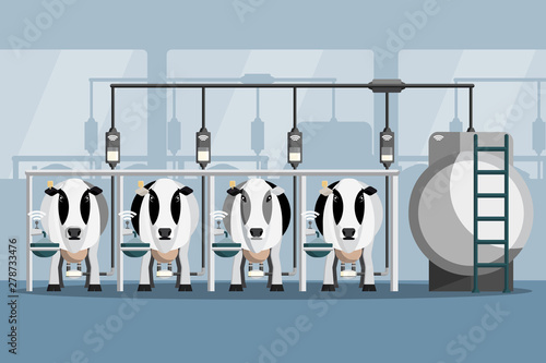 Modern dairy farm with automatic milking. Smart farming. Vector illustration EPS 10