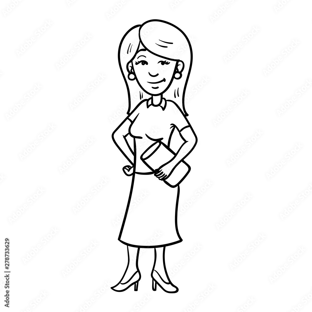 Businesswoman with long hair and skirt and high heels. handbag in hand. comic outline character, illustration, oultine, sketch, doodle, cartoon.