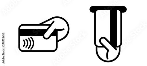Contactless payment credit card, ATM insert card vector logo. NFC contactless pay wave and pay pass POS terminal icon