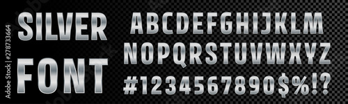 Silver font numbers and letters alphabet typography. Vector chrome metallic silver font type, 3d metal texture gradient effect