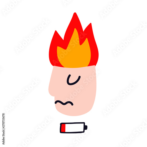 Burnout concept. Head with fire and low charge battery. Vector illustration on white background.