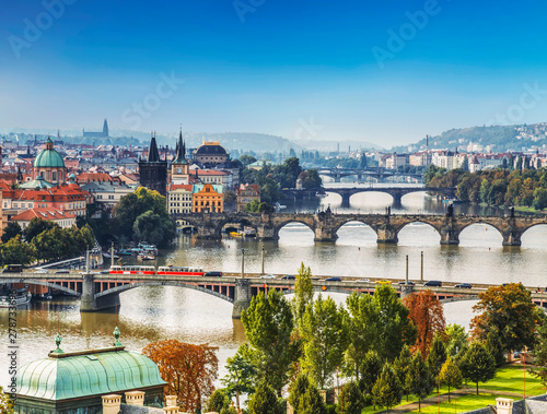 View of Prague and the bridges in the early morning, Czech Republic