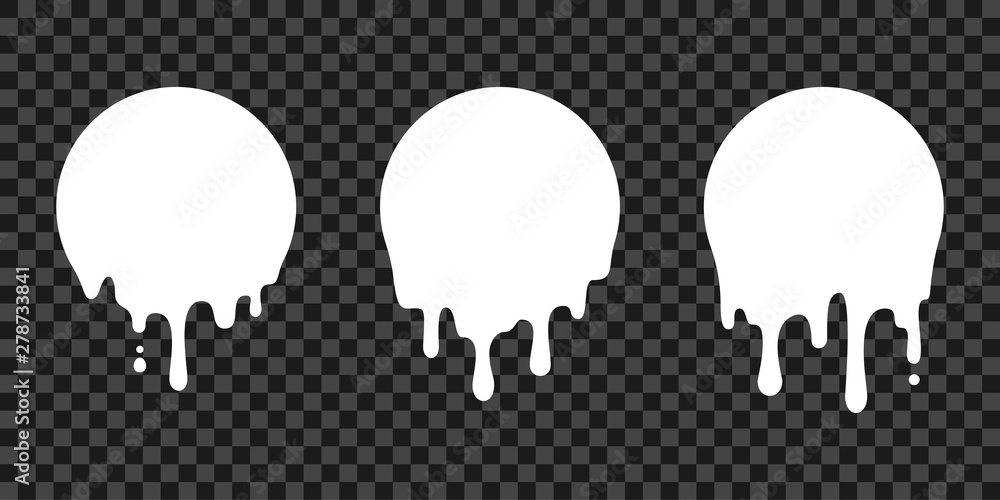 Vetor de Paint drip stickers, circle white melt drop vector icons. Vector milk circle melt drops