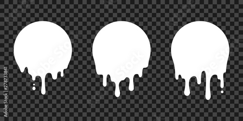 Paint drip stickers, circle white melt drop vector icons. Vector milk circle melt drops, graffiti paint drip blobs photo