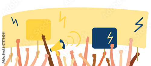 Hands with banner and signs. Crowd of people protesters. Vector illustration