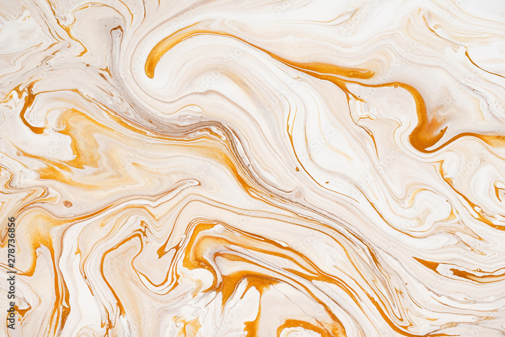 Marble golden, orange and white raster texture. Mineral stone macro surface. Color liquid flow, fluid effect wallpaper. Acrylic, oil paints mixing dynamic backdrop.