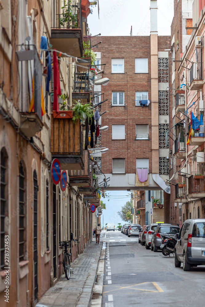 Street in Barceloneta quarter, Barcelona, Catalonia, Spain.