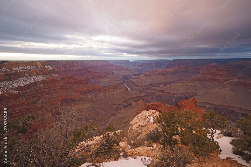 Sunset over the south rim of the Grand Canyon in winter, Grand Canyon National Park, Arizona.