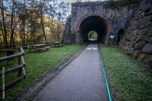 Ruta del Ferro, Iron and Coal Route, Old railway transformed in trail walk or bike ride. Villages of Sant Joan de les Abadesses and Ripoll, in Ripolles area, Catalonia, Spain.