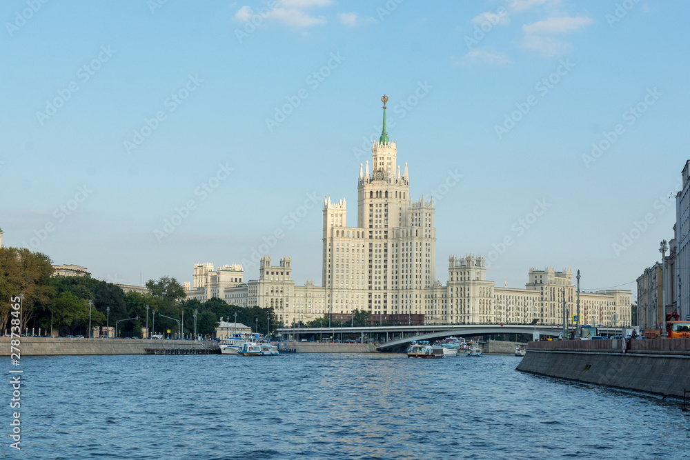 Moscow skyscraper from the time of Stalin's rule on the Moscow river, Moscow Russia