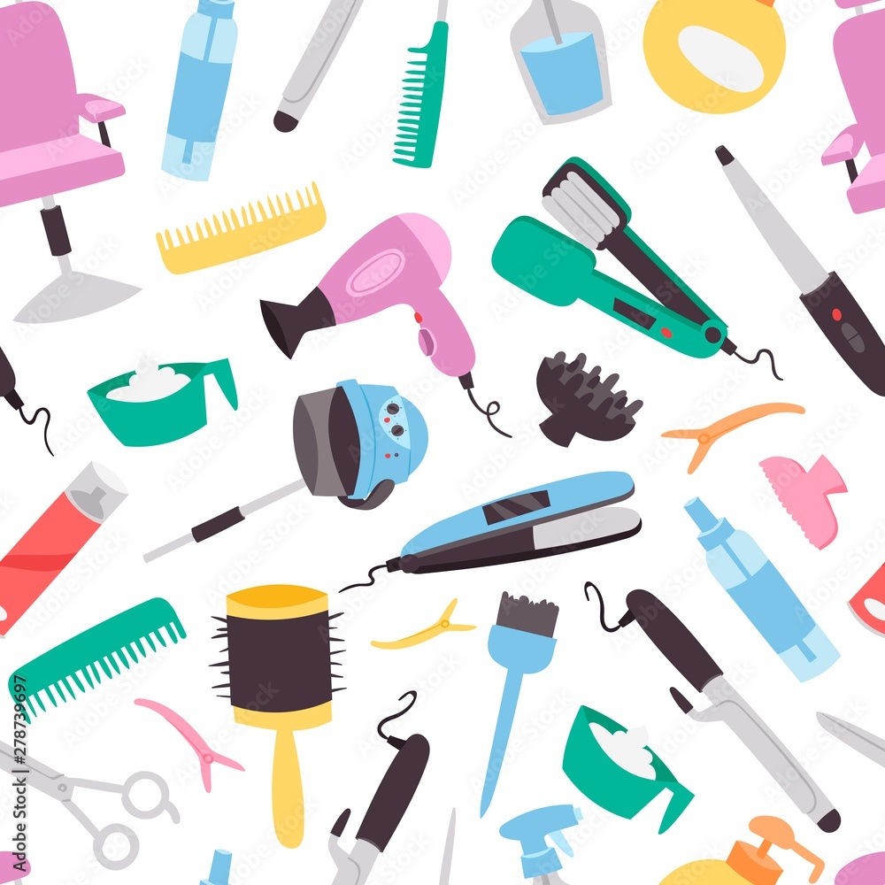 Beauty salon vector seamless pattern. Colorful hairdresser tools and equipment for beauty salon. Fashion textile print or background design. Dryer, brushes, scissors and spray.