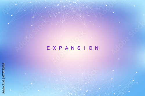 Expansion of life. Colorful explosion background with connected line and dots, wave flow. Visualization Quantum technology. Abstract graphic background explosion, motion burst, vector illustration.