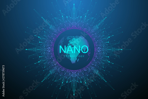 Nano technologies abstract background. Cyber technology concept. Artificial Intelligence, virtual reality, bionics, robotics, global network, microprocessor, nano robots. Vector illustration, banner