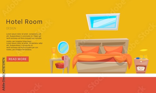 Hotel room reservation, apartment booking vector web tempate. Presentation, website. Room amenities. Hotel room cartoon illustration