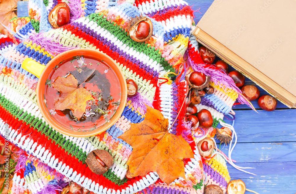 Obraz premium Still life with cup of tea and fall leaves on checkered bright warm striped plaid in autumn garden.